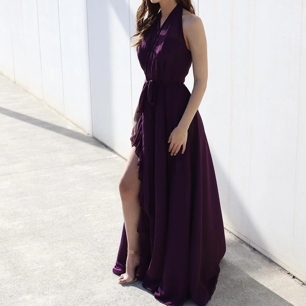 

Customized Modern Belt Ruffles Pleats Halter Front Slit Evening Dress Graceful A-Line Chiffon Purple Party Gown платье вечернее