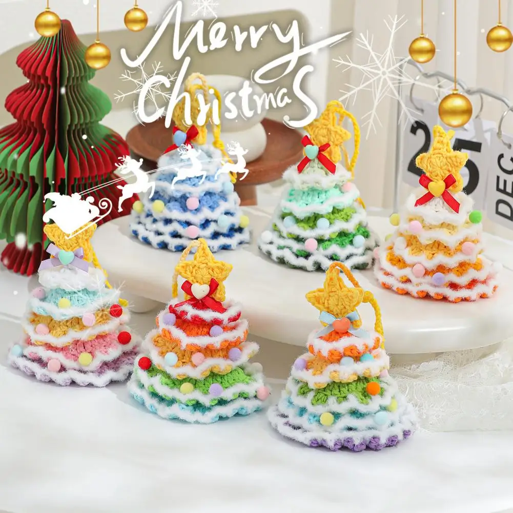 Mini Christmas Tree Ornament Multi-layered Knitted Christmas Tree Ornament with Bell Star Top Mini Crochet Hanging for Wall