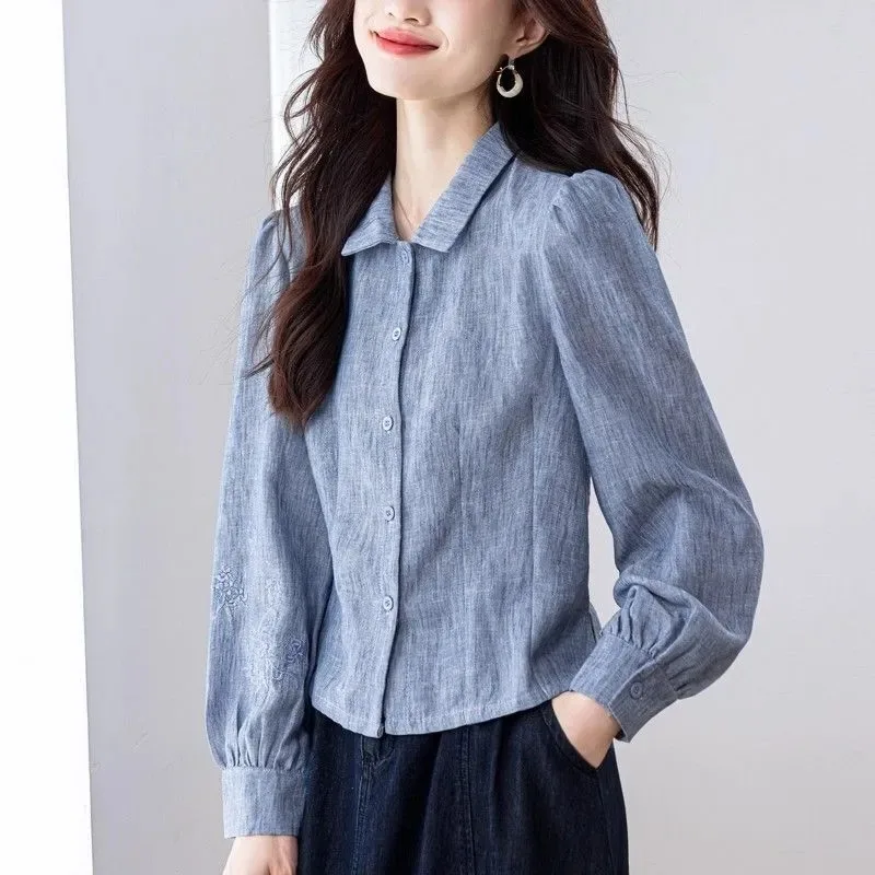 Solid Color Shirt Elegant and Fashionable Women's Versatile Button Lantern Long-sleeved Lapel Top