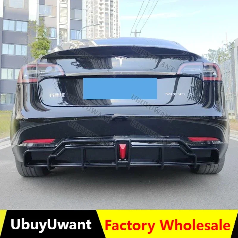 

For Tesla Model 3 2018-2023 4-Door Rear Bumper Diffuser Lip ABS Carbon Fiber Look Car Boot Splitter Guard Spoiler Plate