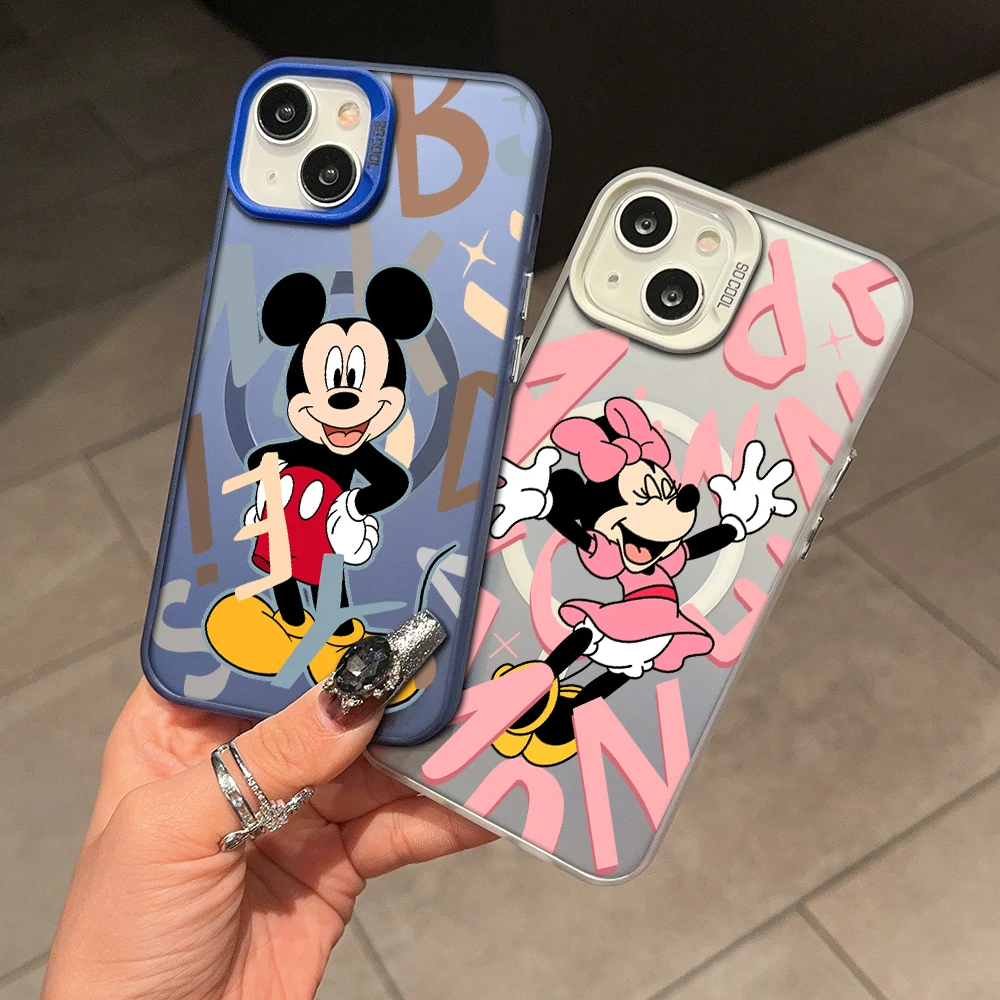 Cute Disney Mickey Minnie Magsafe Magnetic Phone Case for IPhone 11 12 13 14 15 16 Pro Max Plus Lens Border Silver Plated Cover