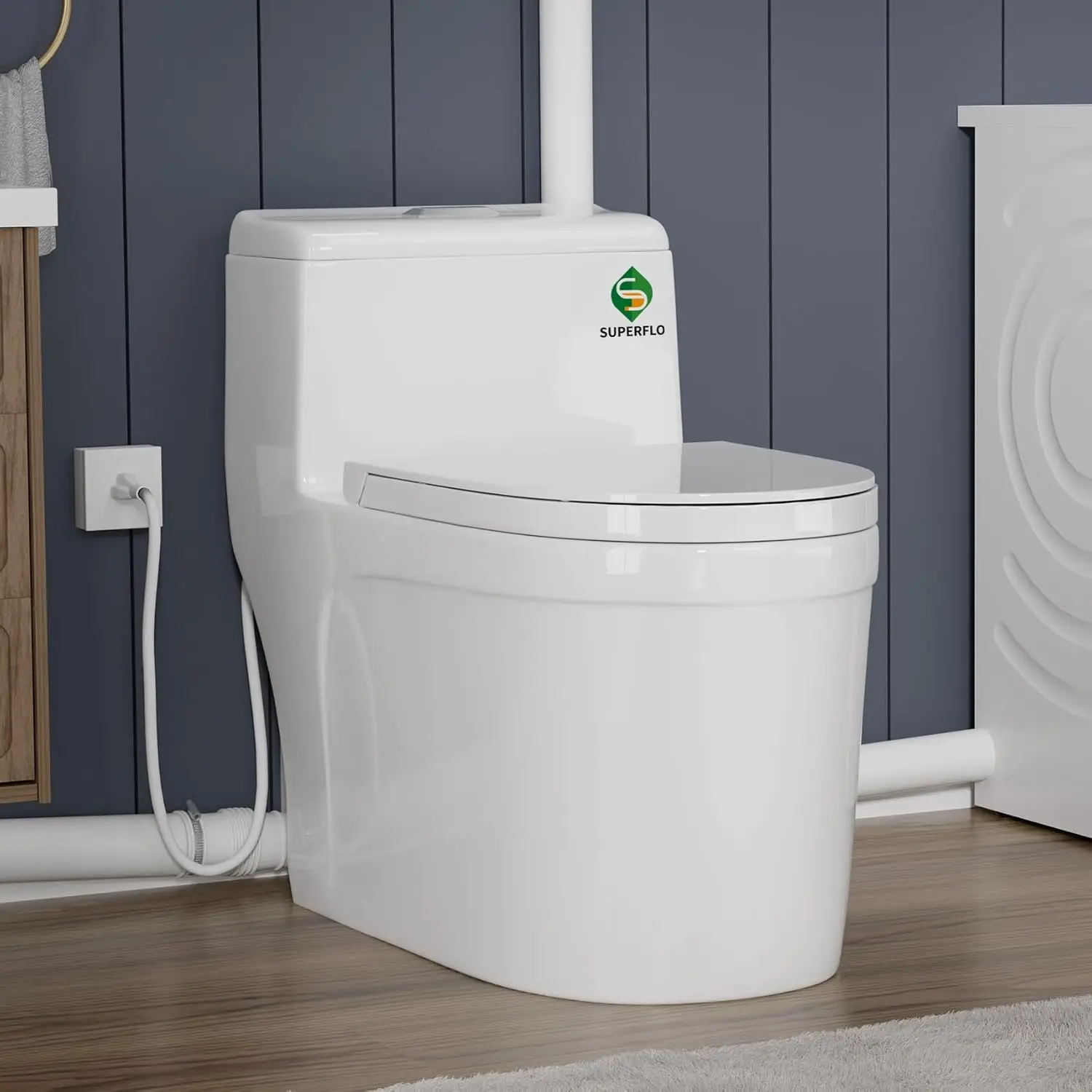 One Piece Macerating Toilet System with Macerator Toilet Pump, 600W Compact Upflush Toilet for Basement - 3 Inlets