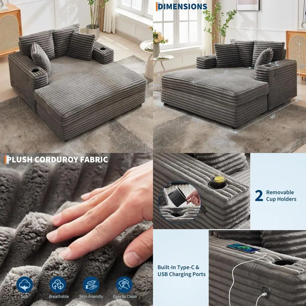 

Негабаритный серый шезлонг с подстаканником, вельветовый диван-кровать для стильного домашнего декора гостиной