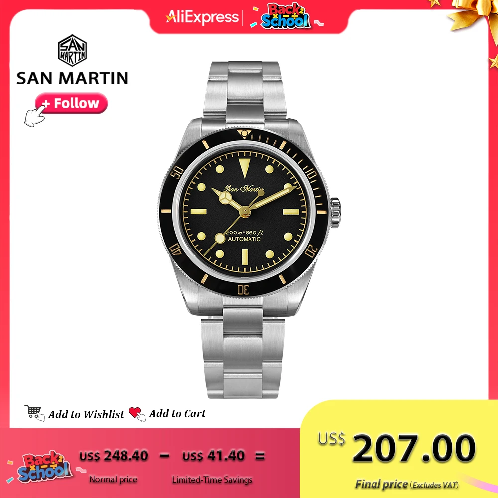 San Martin 38mm Class Men Retro Diver Watch NH35 Automatic Mechanical Stainless Steel Watches Luminous 20Bar Waterproof SN0004G