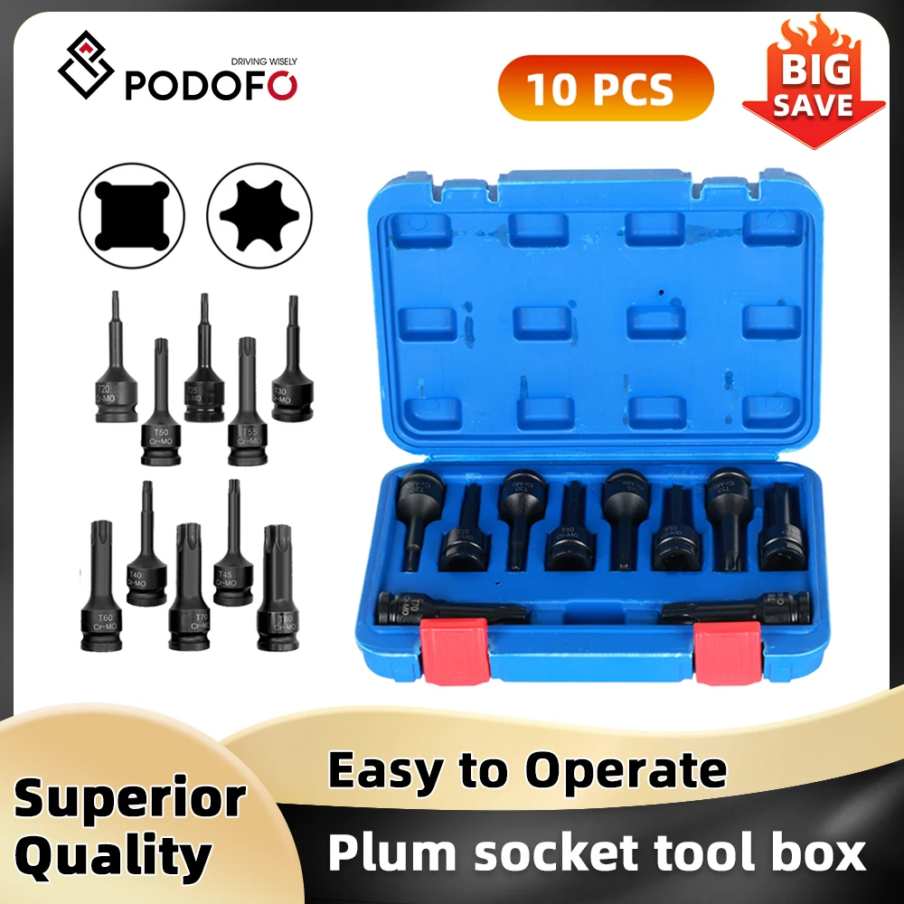 Podofo 10-Piece Impact Hex Allen Bit Socket Set 1/2 inch T20-T80 Power Nuts Impact Nut Set Torx Bit & External Star Socket Set