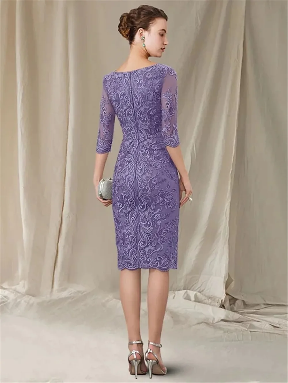 Lavendel Korte Moeder Van De Bruid Dress Scoop Half Sleevs Lace Knielengte Bruiloft Gast Gown Bruidegom Moeder Wedding Suits