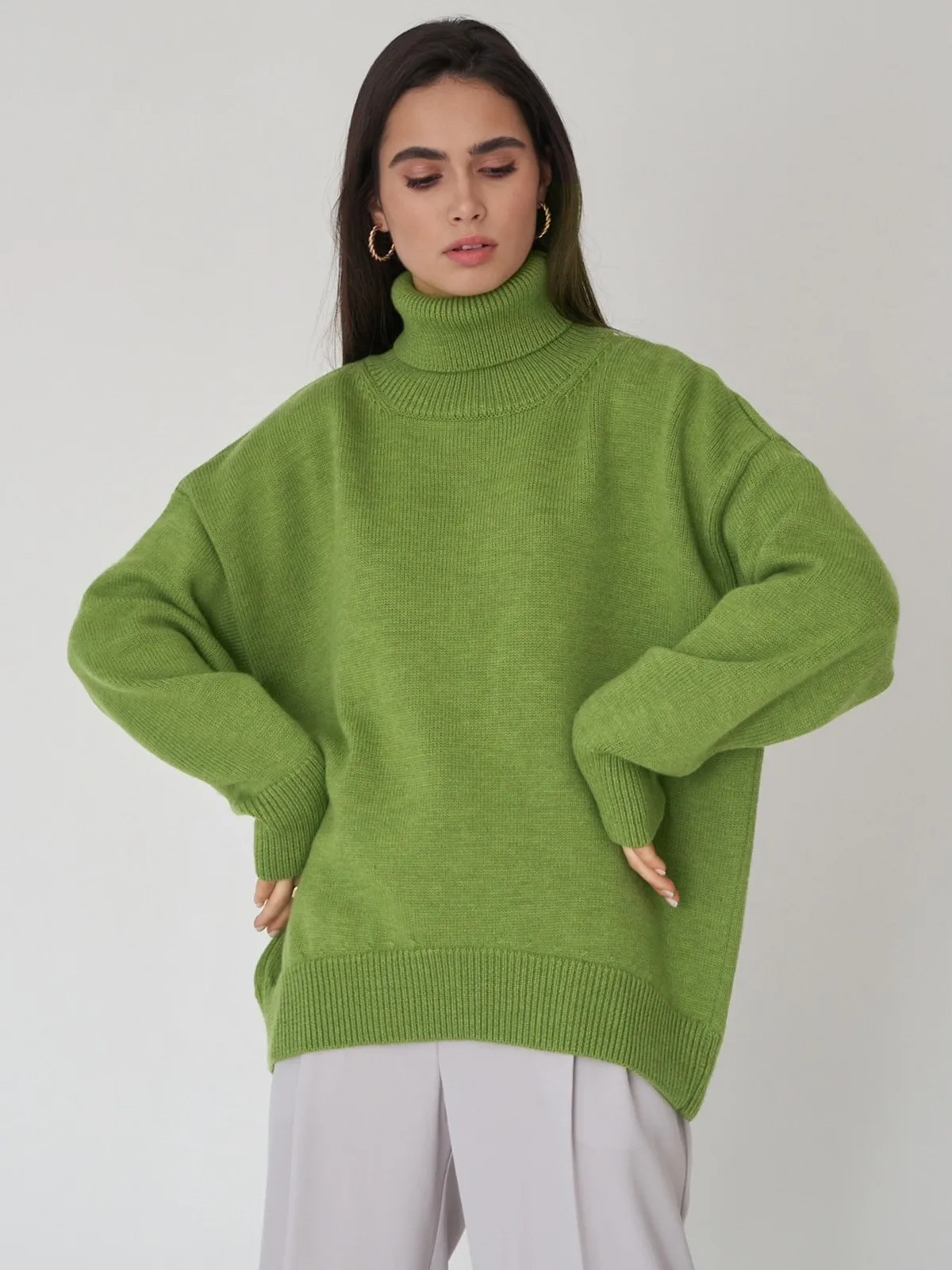 Solid Color Turtleneck Sweater Autumn Winter Long Sleeve Loose Top Oversized Pullover Knit Sweater Casual Warm Jumper Tops