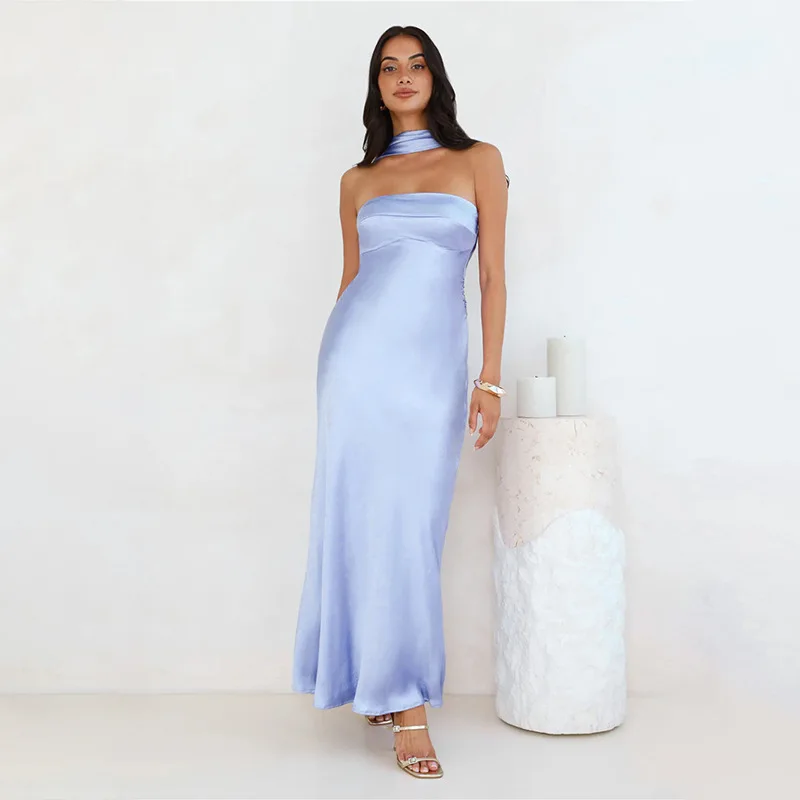 European and American Spring New Satin Strapless Off-Shoulder Two-Way Dress