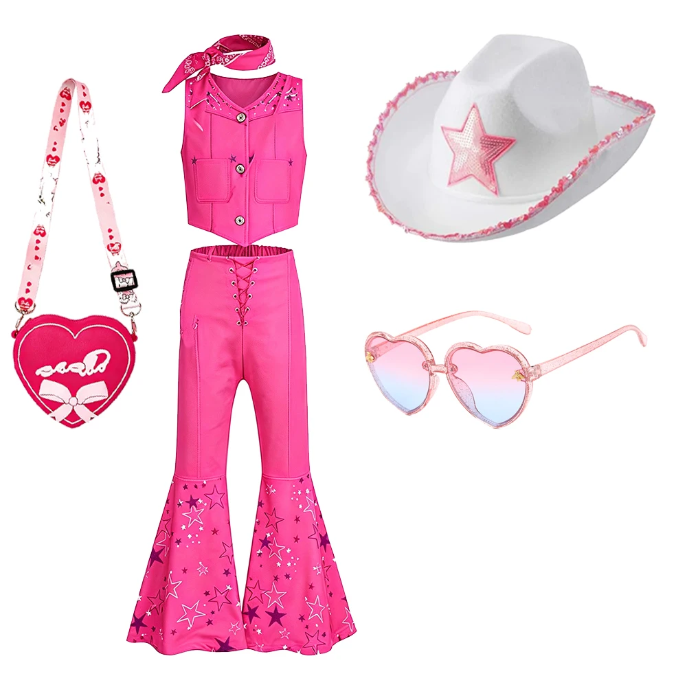 Rosa Cowgirl-Kostüm für Mädchen, Outfit-Set mit Cowboyhut, Weste und Hose, Bandana, Halloween-Kostüme, Geburtstagsparty, Cosplay – Detail 6