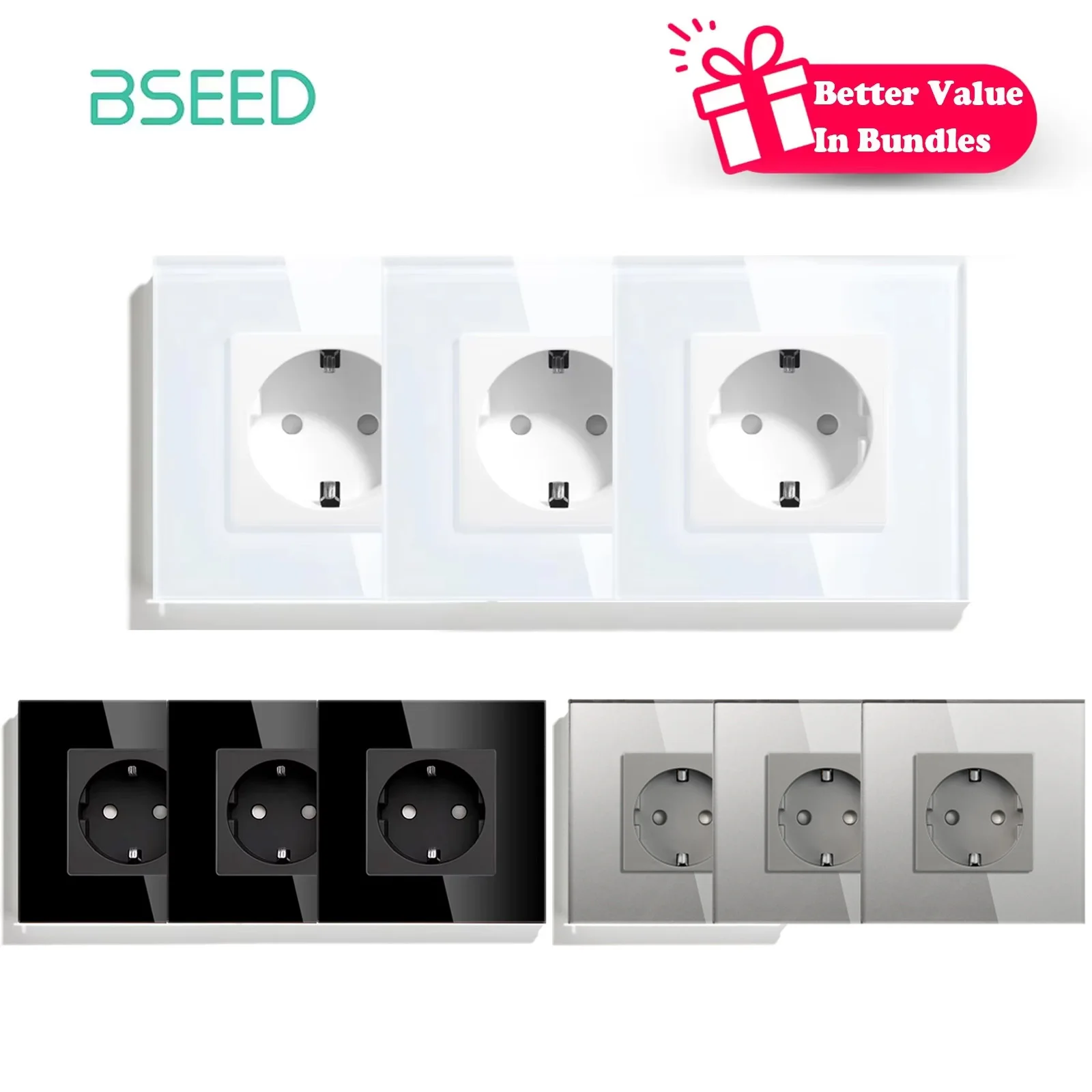 BSEED Wandsteckdosen mit Glasrahmen, Einzelsteckdose, 16 A, EU-Standard, 110 V – 240 V, elektrische Steckdose zur Wandmontage, PACK