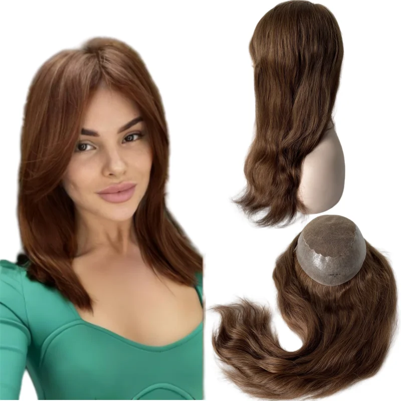 

16-дюймовые индийские девственные человеческие волосы, замена шелковистого прямого светло-коричневого цвета 6 # Топпер передний кружевной блок 8x10 Q6 для White Wom