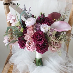 JaneVini New Vintage Gothic Pink Purple Wedding Flowers Bridal Bouquets Artificial Eucalyptus Silk Roses Fake Bouquet for Bride