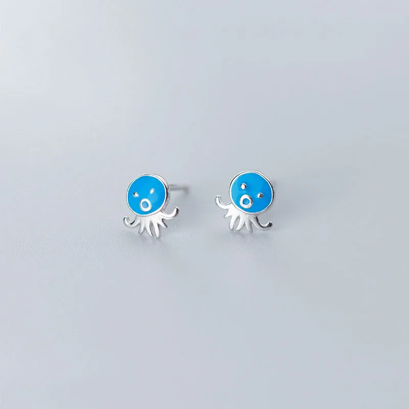 RYJU 925 Sterling Silver Blue Octopus Stud Earrings for Women Marine Life Jewelry Girl Youthful Moving Jewelry Birthday Jewelry