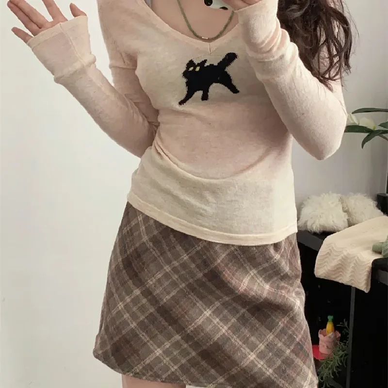 

Вязаные пуловеры с v-образным вырезом, женские осенние Y2K Hotsweet Girls, универсальные, приятные для кожи, шикарные, эстетические, с принтом кота, дизайн, новинка