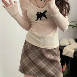 V-neck Knitted Pullovers Women Autumn Y2K Hotsweet Girls All-match Skin-friendly Chic Aesthetic Cat Printing Design Temper New