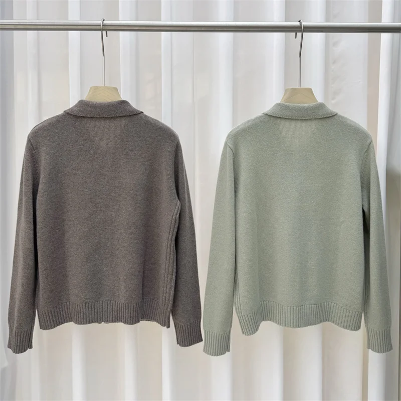 Cárdigan para mujer, nuevo top de manga larga ajustado de punto elástico para otoño 2025, suéter de mezcla de lana para mujer, prendas de punto con cuello tipo Polo