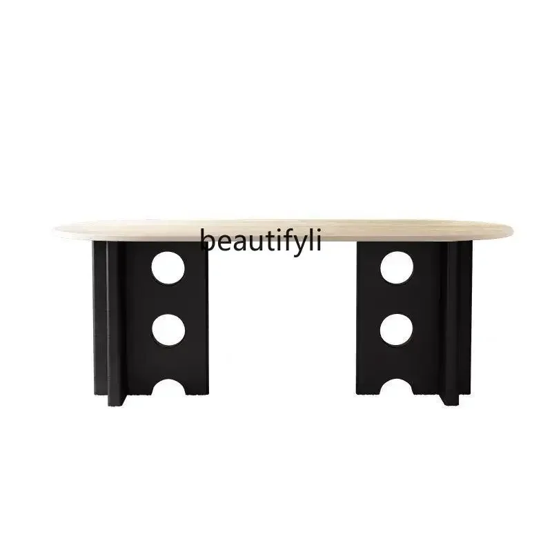 

ls 27French antique solid wood travertine rock slab dining table oval home designer retro art desk