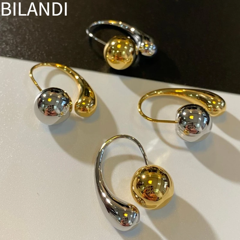 Bilandi Trendy takı metalik iki renk yuvarlak boncuk gözyaşı küpe kadınlar kız hediye için Pretty kulak aksesuarları sıcak satış