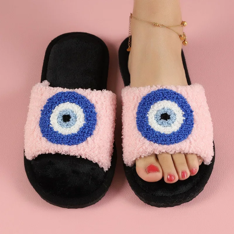 Autumn Women Plush Slippers Blue Evil Eyes Curly Slippers Couple Open Toe Home Cotton Shoes Flat Bedroom Warm Flannel Slippers