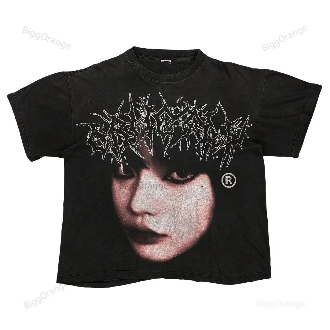 Mask Dark Style Pattern Printed T-shirt High Street Gothic Loose Short sleeved Summer Men\'s and Women\'s Top T-shirt harajuku