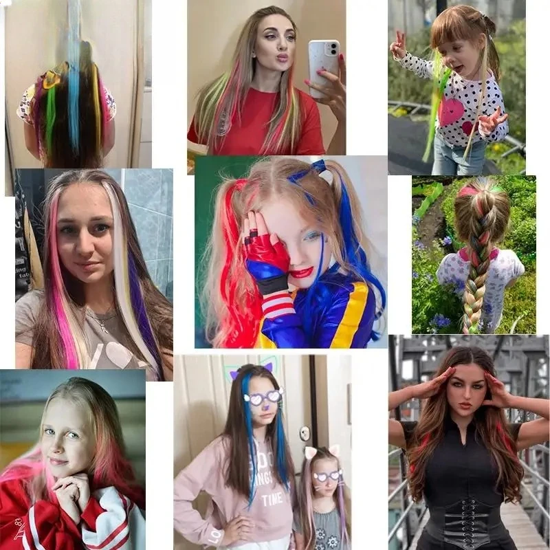 وصلة شعر صناعية طويلة مستقيمة من ويغسين، قطعة شعر ملونة بألوان قوس قزح أرجواني وأحمر وأزرق للنساء #5