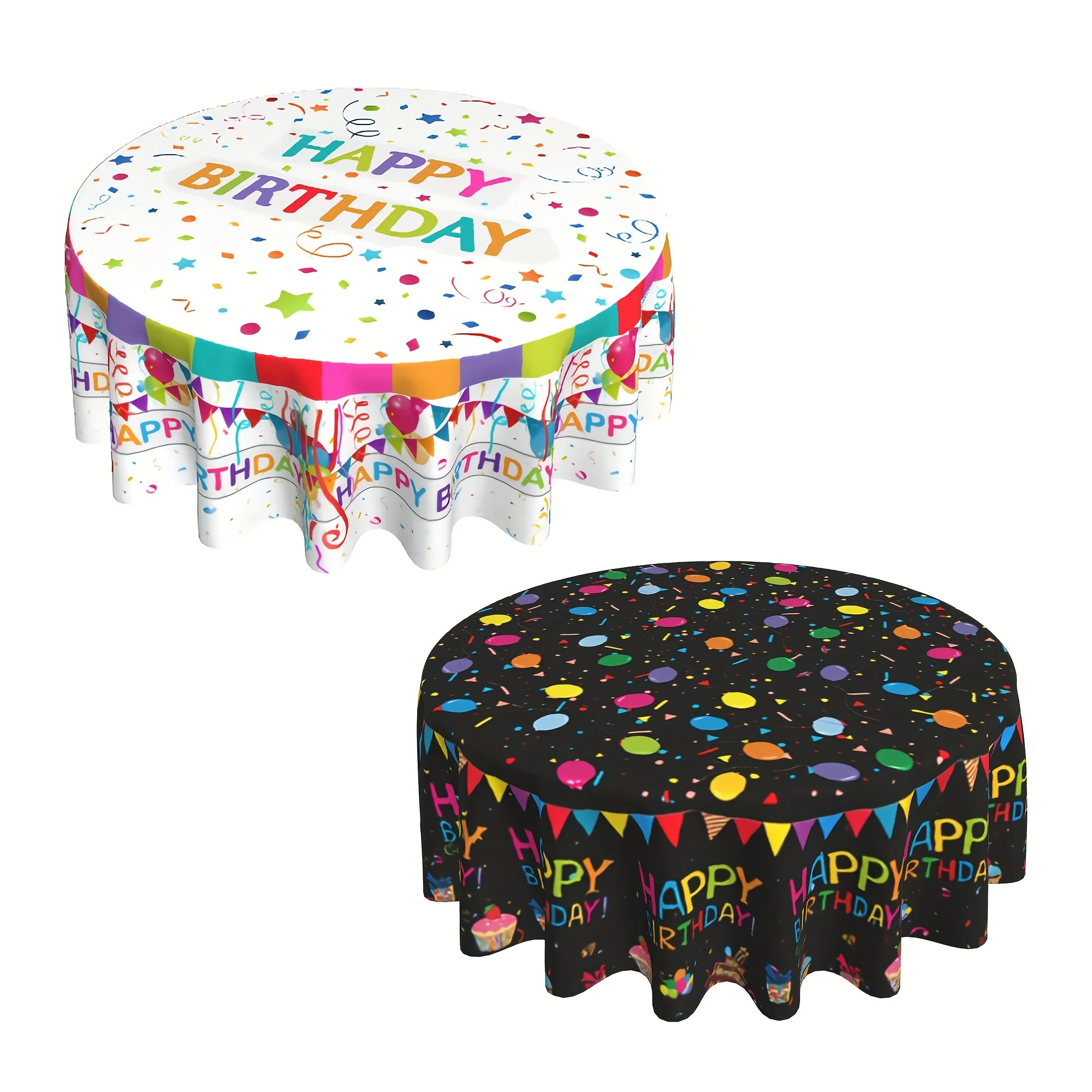 1PC, Polyester Table Cover, Happy Birthday Round Tablecloth, Vibrant Colored Balloons Small Flags Stars Colorful Decorative Tabl