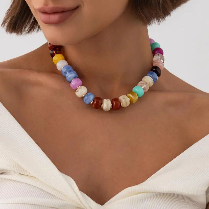 Y2K Colorful Smudging Resin Beads Chain Necklace For Women Trend Collares Vintage Clavicle Chain Party Jewelry