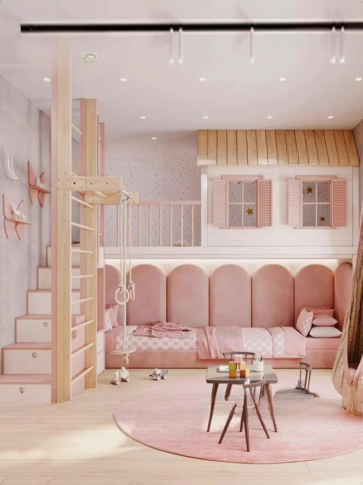 Tempat tidur putri dari kayu solid untuk anak-anak, tempat tidur multifungsi yang dapat diubah menjadi sofa, lucu.