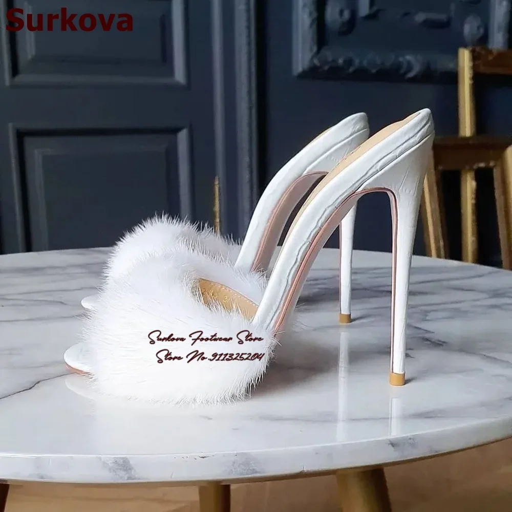 Surkova White Black Soft Fur Round Toe Slippers High Heel Open Toe Slip-on Dress Shoes Shallow Summer Banquet Pumps