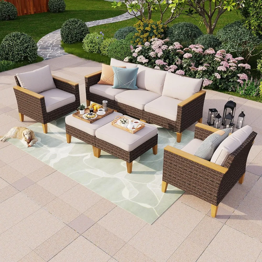 

7-Piece Wicker Patio Conversation Set, Outdoor Rattan Sectional Furniture Patio Set for 7 Seats with Cushioned