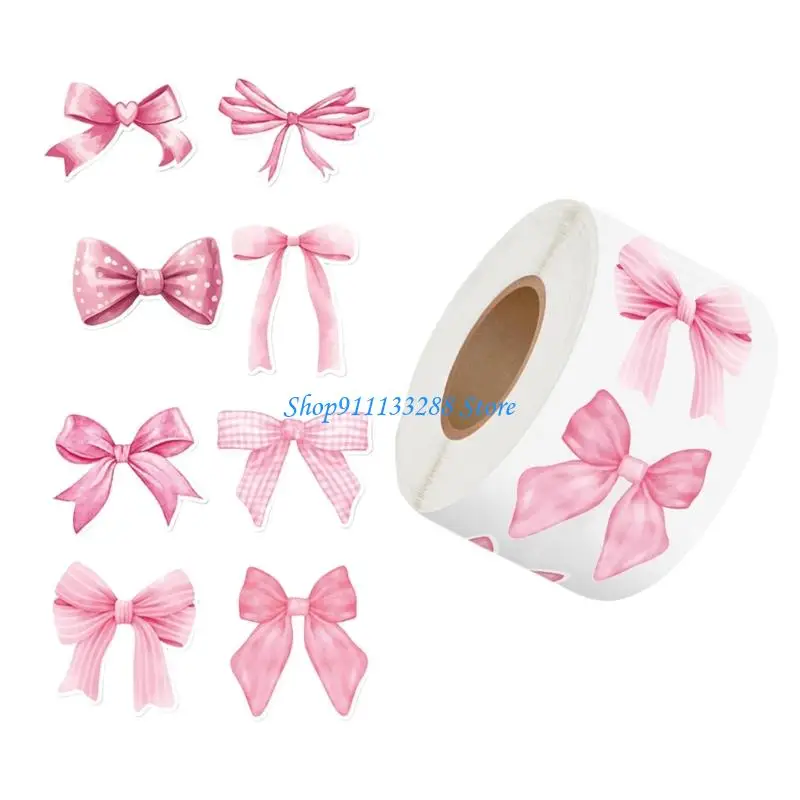 G88D 500 Pcs Adhesive Sticker Pink Bows Seal Sticker Water Bottle Sticker Guitar Decal Gift Box Blessing Sticker