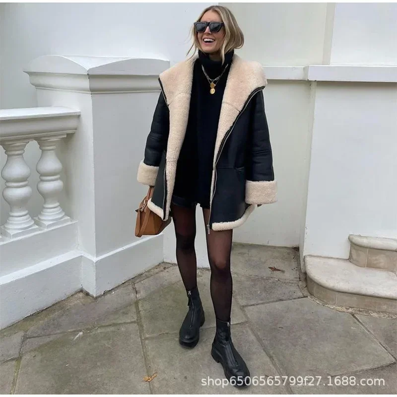 Autumn Winter Long Sleeve Faux Pu Leather Jacket Coat Zipper Pockets Coats