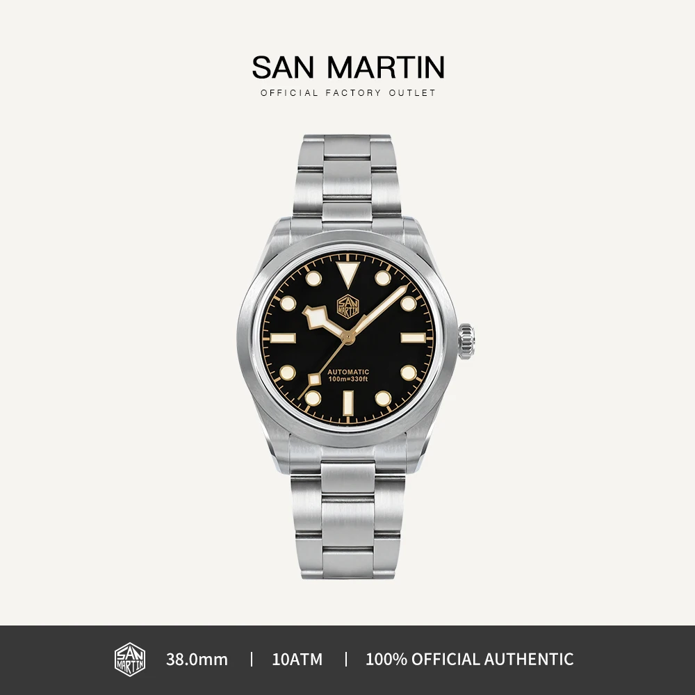 

Мужские Винтажные спортивные часы San Martin, 38 мм, эмалированный циферблат со снежинками и стрелками NH35, роскошный автоматический механический Сапфир 100 м, BGW-9