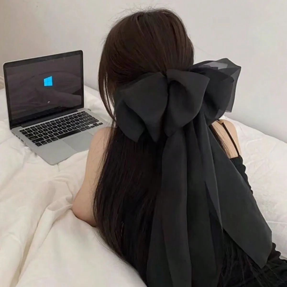1 Damska letnia nowa super organza długa kokarda streamer spinka do włosów siateczkowy top klips z tyłu głowy sprężynowy klips nakrycie głowy