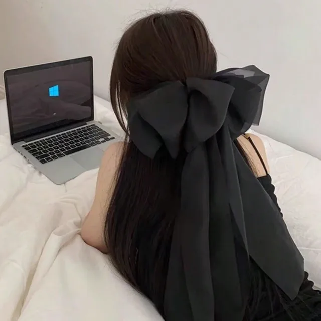 1 Damska letnia nowa super organza długa kokarda streamer spinka do włosów siateczkowy top klips z tyłu głowy sprężynowy klips nakrycie głowy