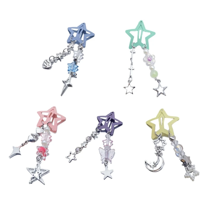Y2k 90s Aesthetics Star Pentagram Beads Tassel Bobby Pin Vintage Cool Charm Hair Clip Harajuku Trendy Hair Accessories for Women