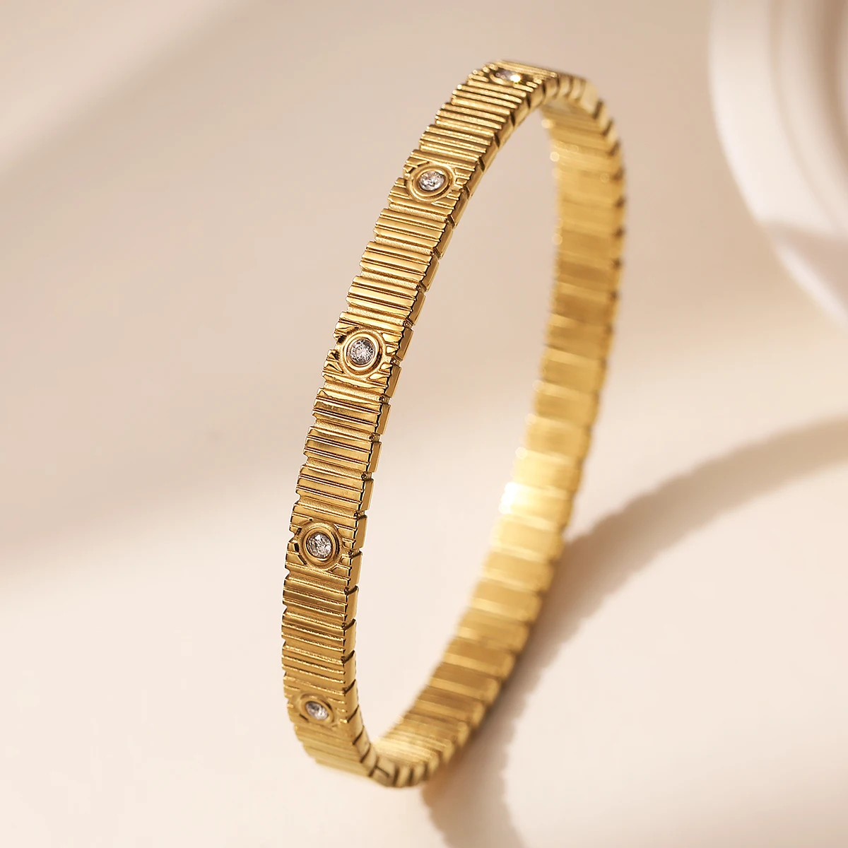 Waterproof Ins Style Vertical Groove Bangle Bracelet Stainless Steel Gold Plated Zircon Inlaid Trendy Women Jewelry