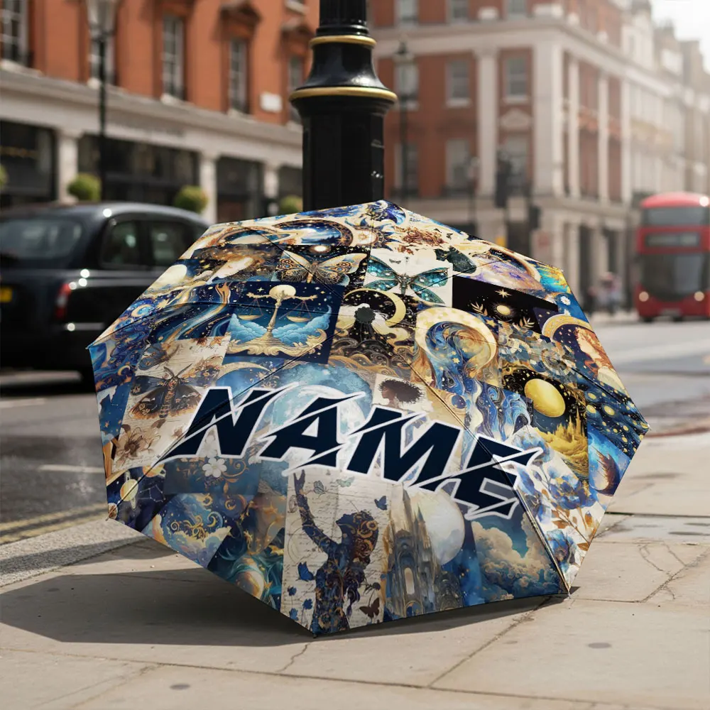 Custom Name umbrella,Starry Night Collage Butterflies & Cosmic Imagery Fashion Folding Umbrella for Sunny and Rainy Days, Gift