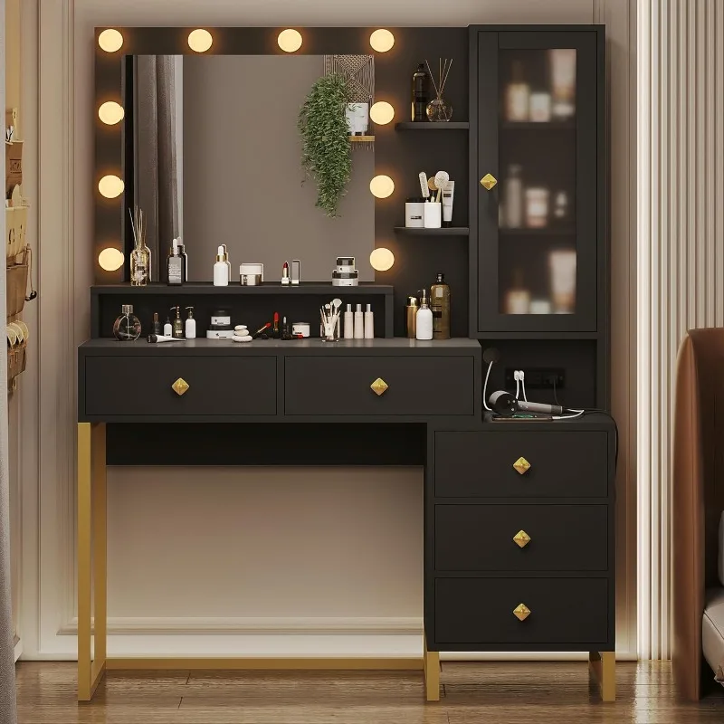 Modern Makeup Vanity with Lights and Charging Station, Vanity Mirror with Lights in 3 Colors, Large Vanity Table