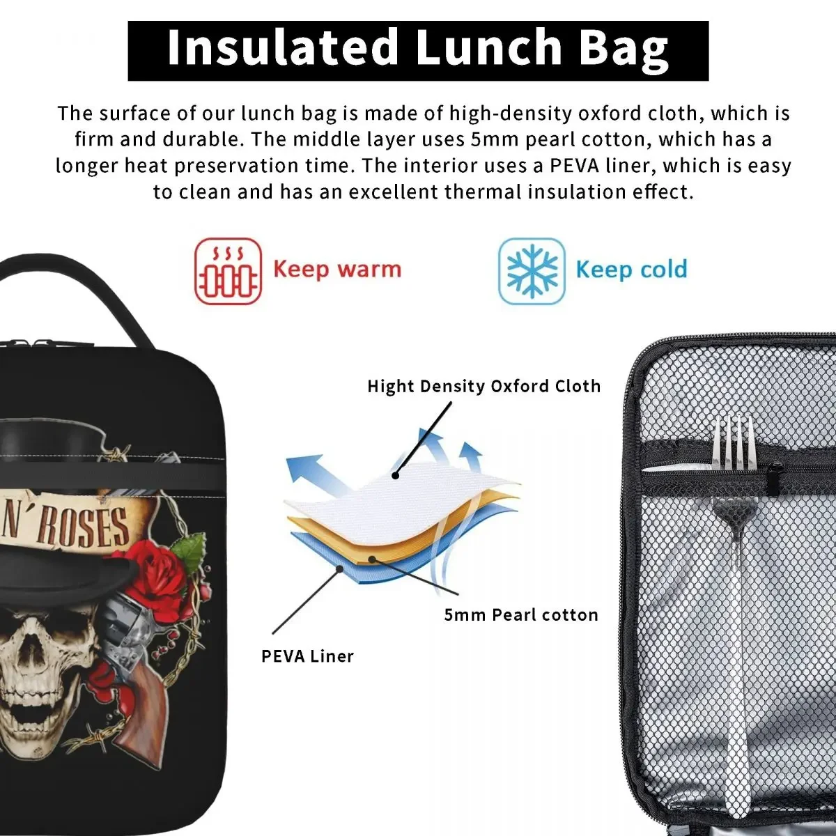 Guns N Roses Insulated Lunch Bag High Capacity Reusable Cooler Bag Tote Lunch Box Office Travel Food Handbags