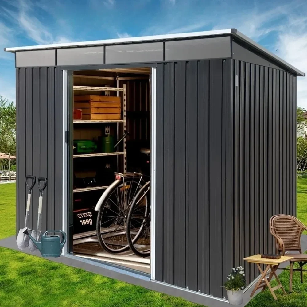 Outdoor Storage Shed  FT Galvanized Metal Garden Shed with Double Lockable Doors, Weather-Resistant Outdoor Storage Clearance