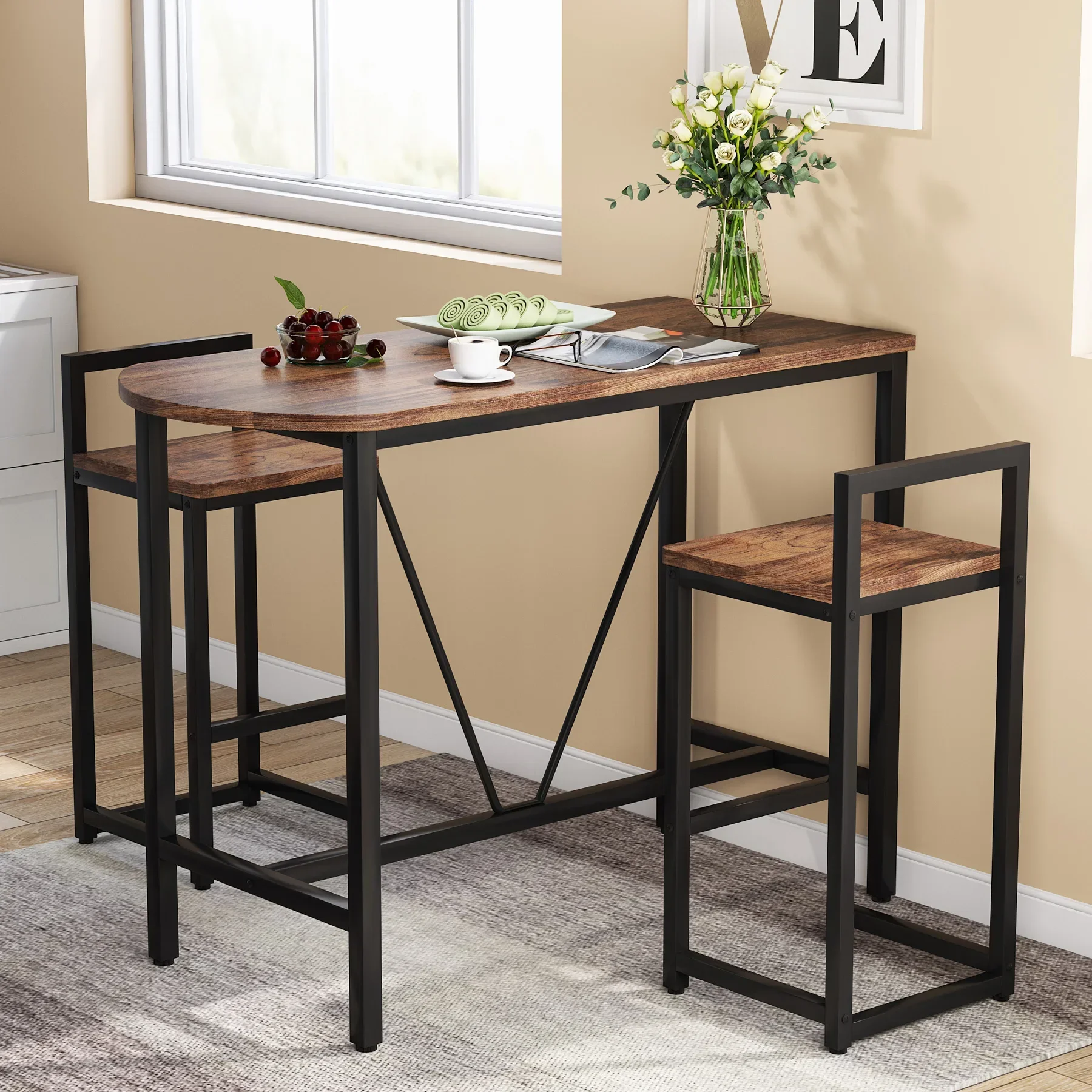 Tribesigns 3-Piece Bar Table and Chairs Set Two Person Dining Room Wood Metal Pub 2 Stools for Small Spaces