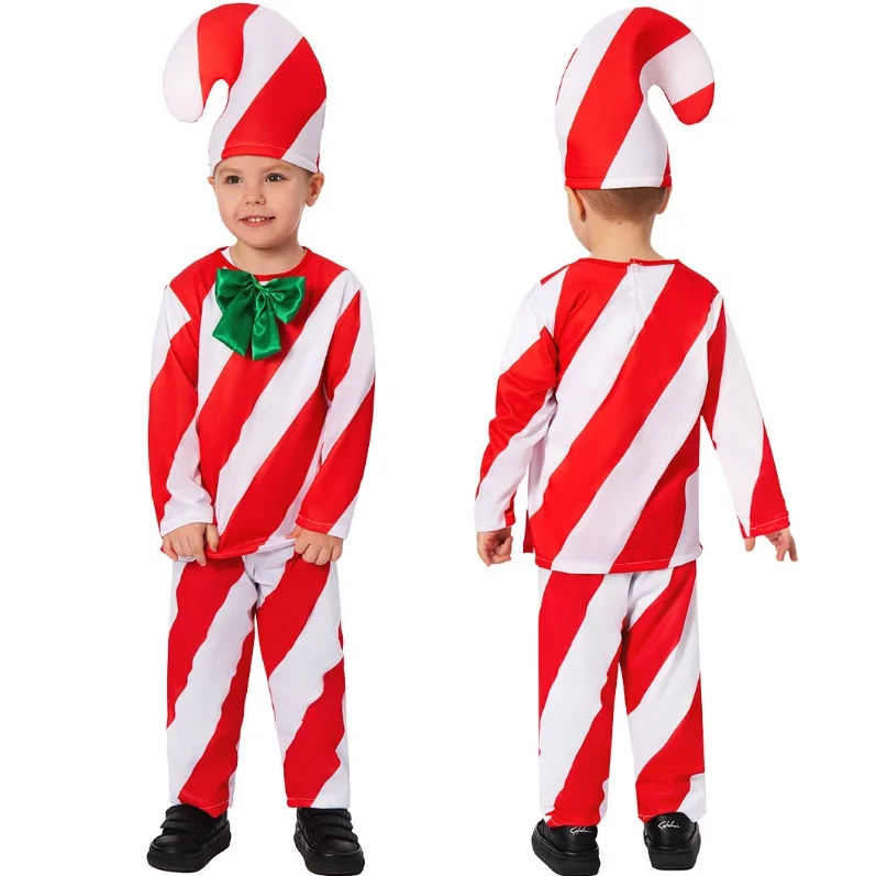 Kids Christmas Candy Costume Long Sleeve Cosplay Tops Pants Hat for Cosplay Party Favor Santa Claus Candy Cane Cosplay Outfits