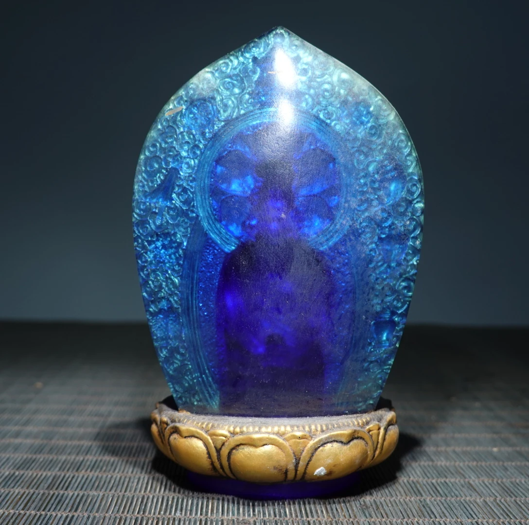 Ancient China Colored Glaze Blue Liuli Crystal Buddha Statue Feng Shui Home Decor Prayer Supplies Pray Kai Guang Ornaments view 4