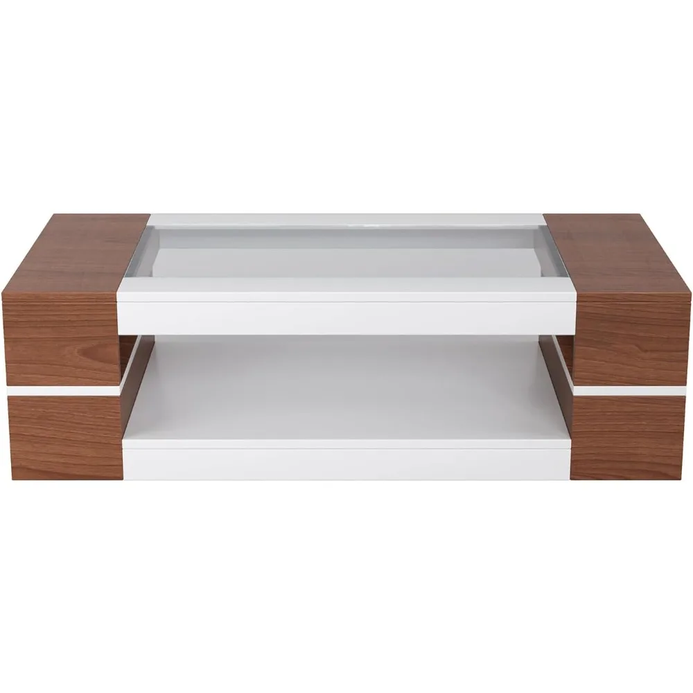 طاولة قهوة عصرية أنيقة مع سطح طاولة زجاجي، طاولة غرفة معيشة كبيرة مستطيلة من طبقتين مع مساحة تخزين #6