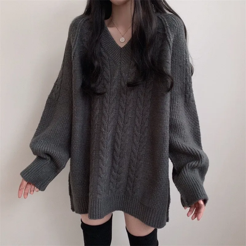 

Korean V-neck Fried Dough Twists Loose Solid Women's Medium Long Pullover Sweater Autumn Winter New Loose Versatile Knitted Tops