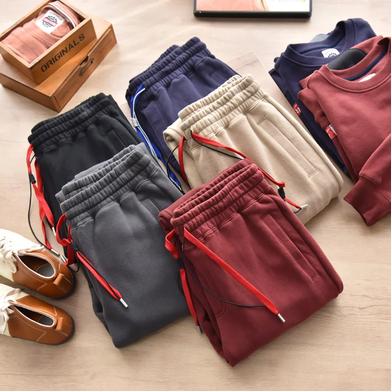 Add velvet padded leg pants in autumn and winter men's loose casual sweatpants.