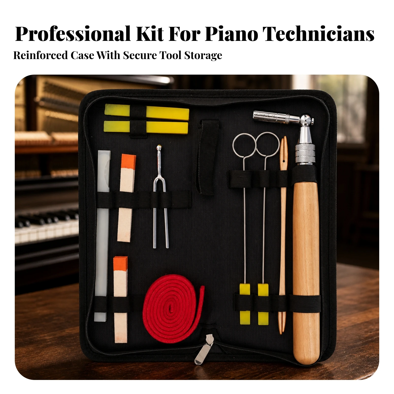 12 Pieces Piano Tuning Kit Ergonomic Piano Tuning Kit with Case Mute Strip Zippered Robust for Tuners, Upright Pianos
