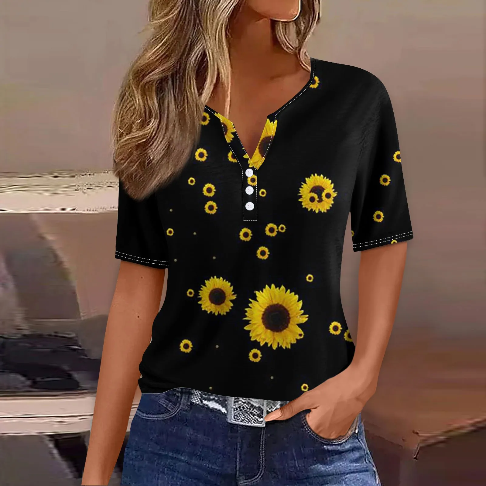 Fashion Women\'s Summer T-Shirts Sunflower Printed Loose Casual Short Sleeve TShirts Button V-Neck Basic Tops Ropa Para Mujer