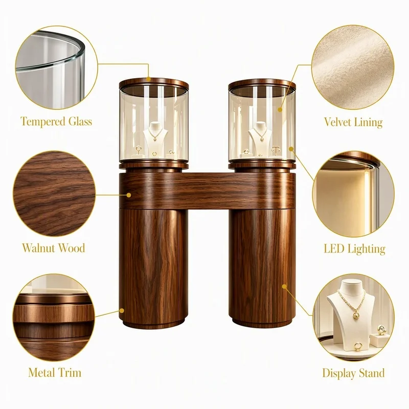 custom.GZowin H-shaped Jewelry Display Cabinet LED Lighting Smooth Rounded Lines Dual Glass Covers Customizable Colo